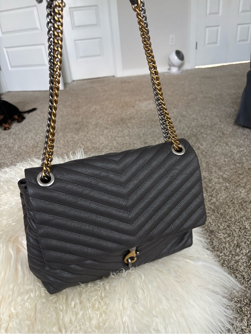 Rebecca Minkoff Quilted Chevron Shoulder Bag - Gray with Gold & Silver flap
